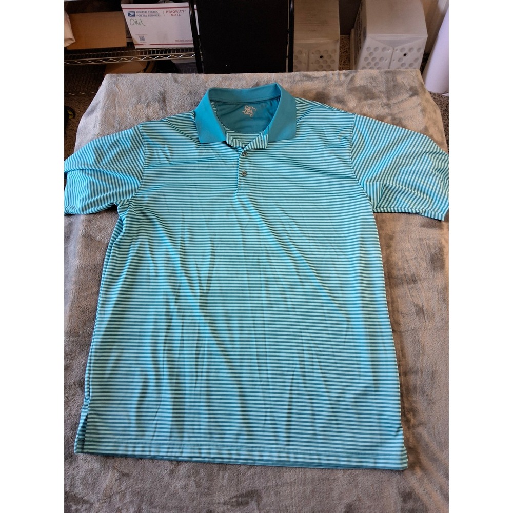 R&R Casual Mens Large Teal Blue Striped Performance Short Sleeve Polo Shirt